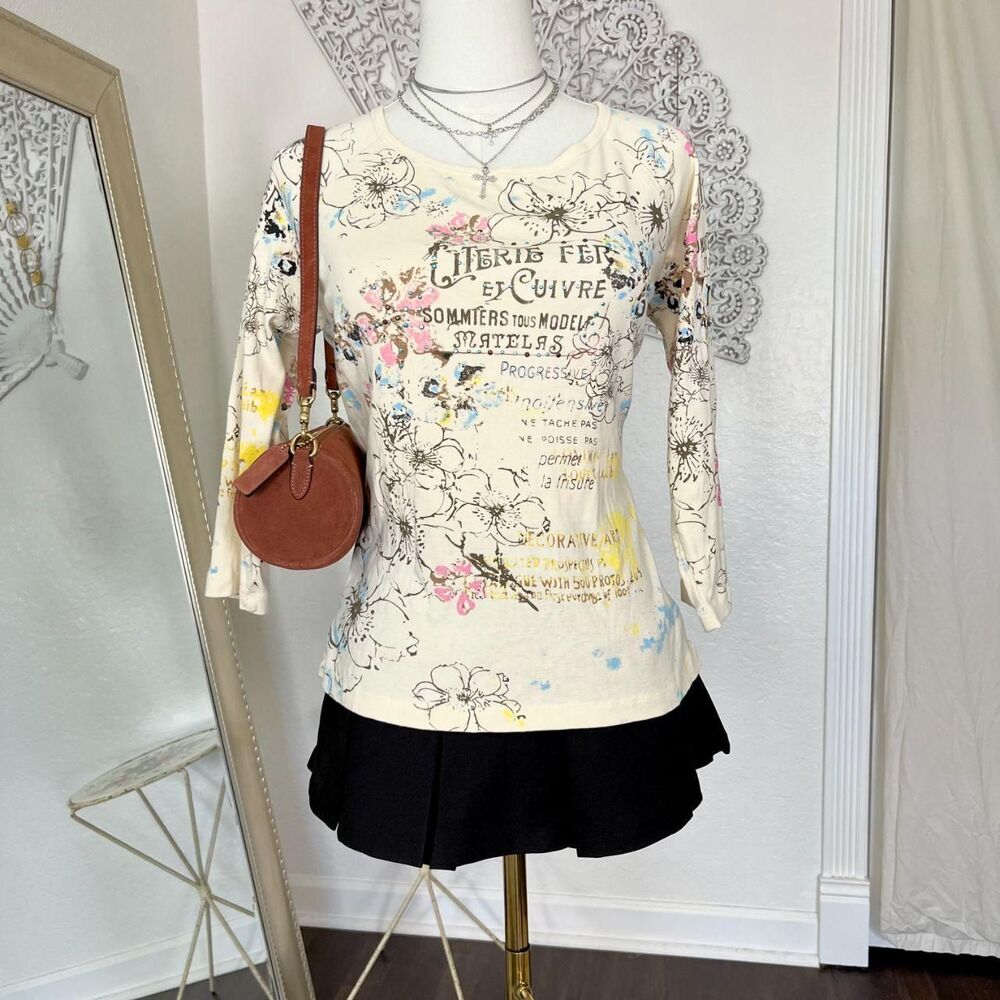 Y2K 100% Cotton Tattoo Graphic Print Sequin Long Sleeve Top Pierre Cardin Size L